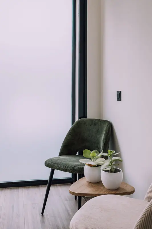 Detalle de la sala de espera con silla verde y plantas